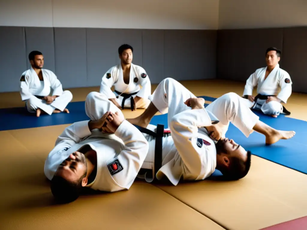 Practicantes de JiuJitsu Brasileño en intensa sesión de entrenamiento en una de las mejores academias