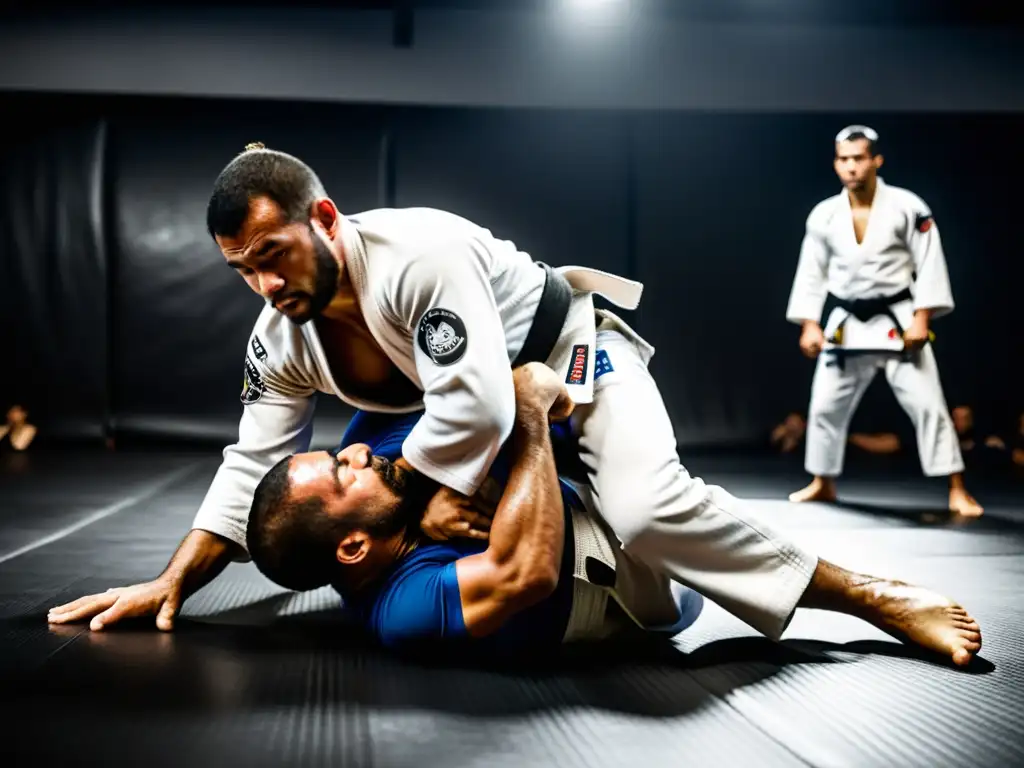 Practicantes de JiuJitsu Brasileño en intensa sesión de entrenamiento, reflejando determinación y disciplina en un gimnasio tenue