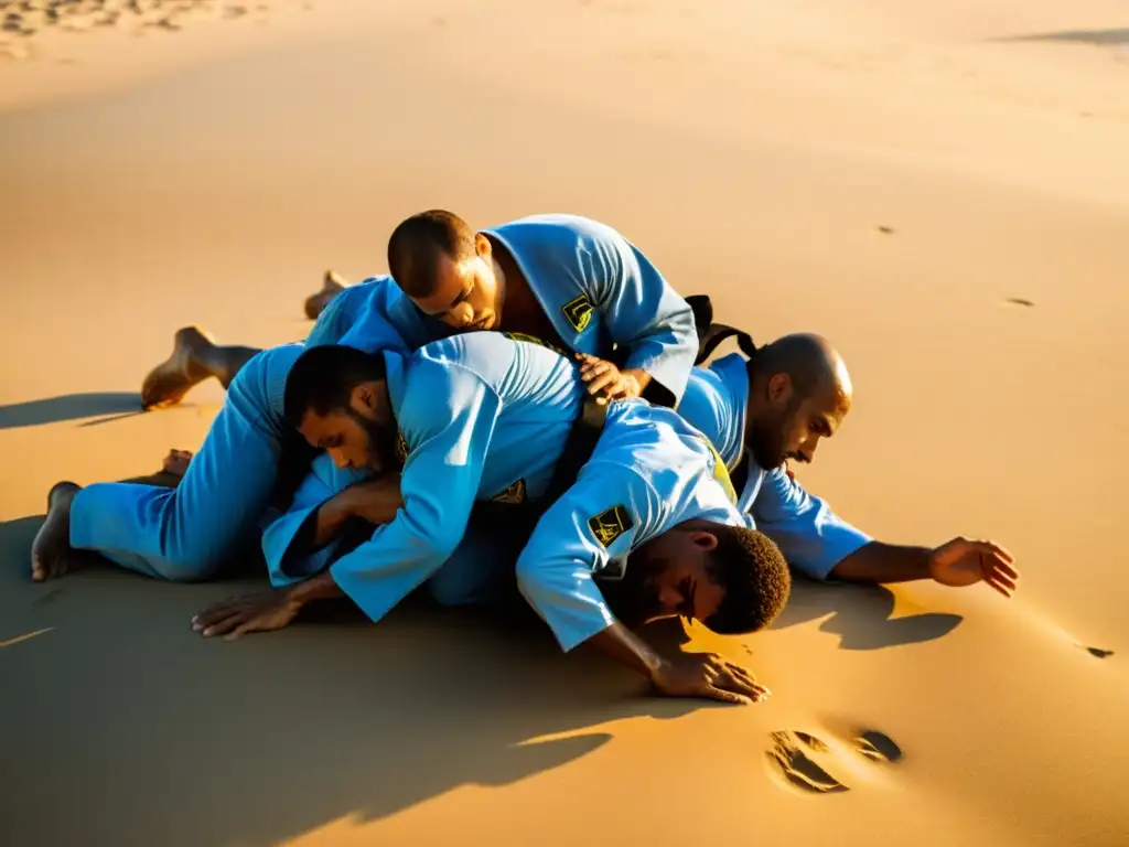 Practicantes de JiuJitsu Brasileño en intensivo aprendizaje en las playas de Río de Janeiro al atardecer, con el océano de fondo