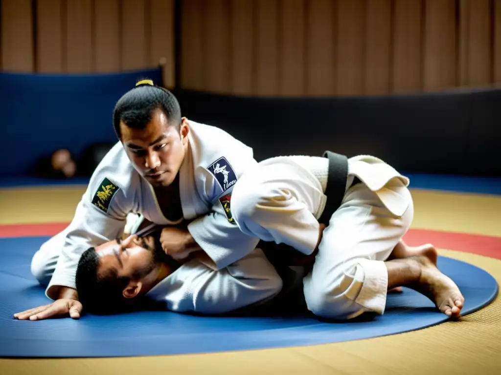 Entrenamiento intenso de Brazilian JiuJitsu: sudor, determinación y fluidez Practicantes de JiuJitsu Brasileño entrenando en tatami, demostrando fuerza y determinación
