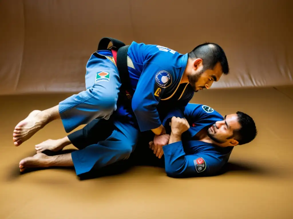 Dos practicantes de JiuJitsu, uno con Gi y otro sin Gi, en un intercambio dinámico