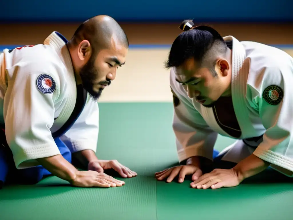 Dos practicantes de JiuJitsu se inclinan solemnemente en el tatami, respetando el protocolo y reglas de los torneos de JiuJitsu