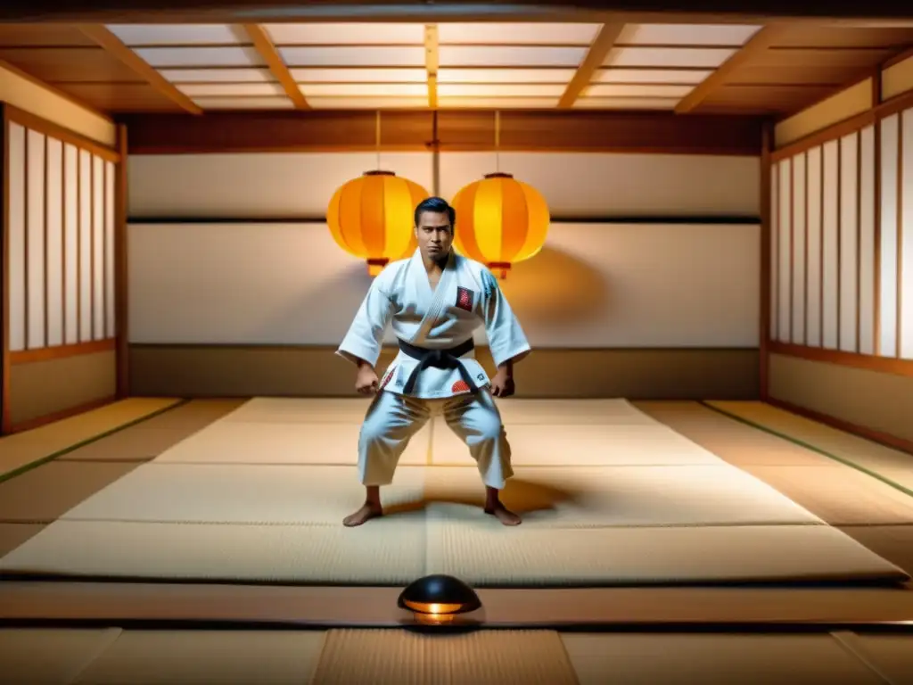 Practicantes de judo concentrados en un dojo tradicional, iluminado por linternas japonesas