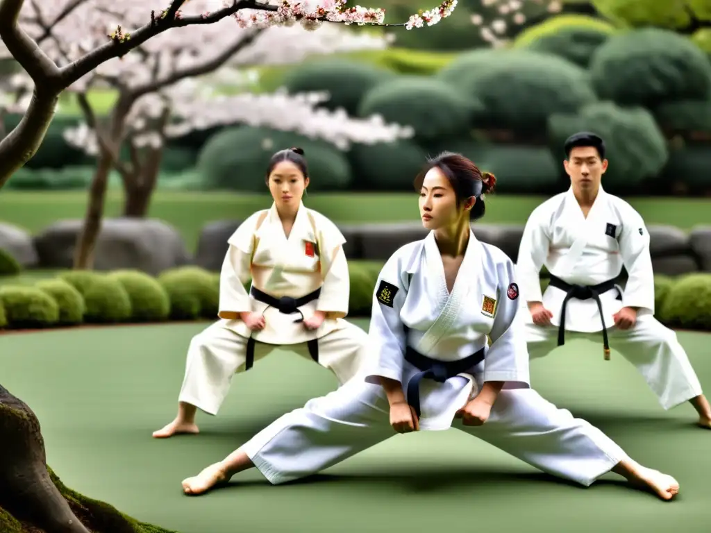 Practicantes de judo ejecutan una demostración de kata en un jardín japonés