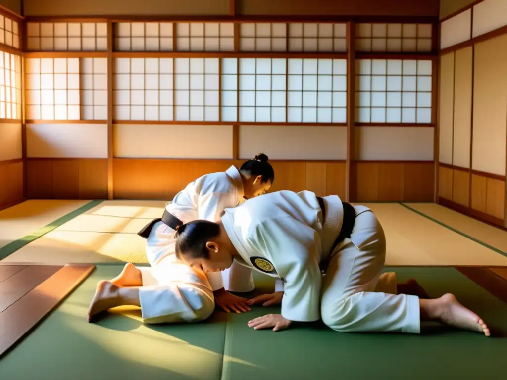 Practicantes de judo perfeccionando técnicas en un dojo de Tokio, con una atmósfera de disciplina y serenidad