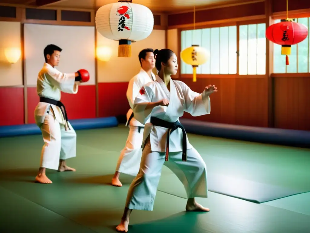 Practicantes de karate ejecutando katas con perfección en un dojo tradicional, mostrando disciplina y concentración