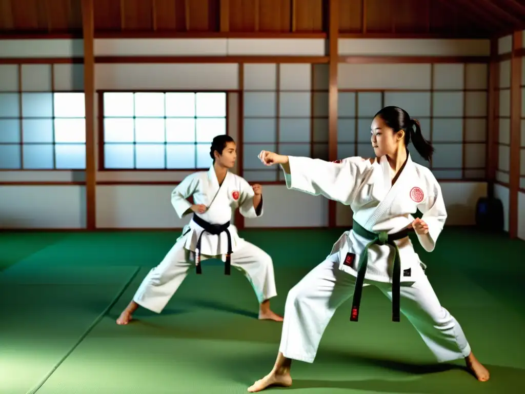 Practicantes de karate ejecutan katas con gracia en un dojo sereno