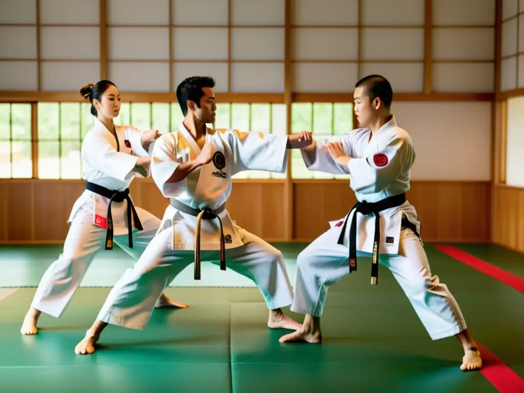 Practicantes de karate ejecutando katas en un moderno dojo con influencias tradicionales, reflejando las tendencias modernas del arte marcial