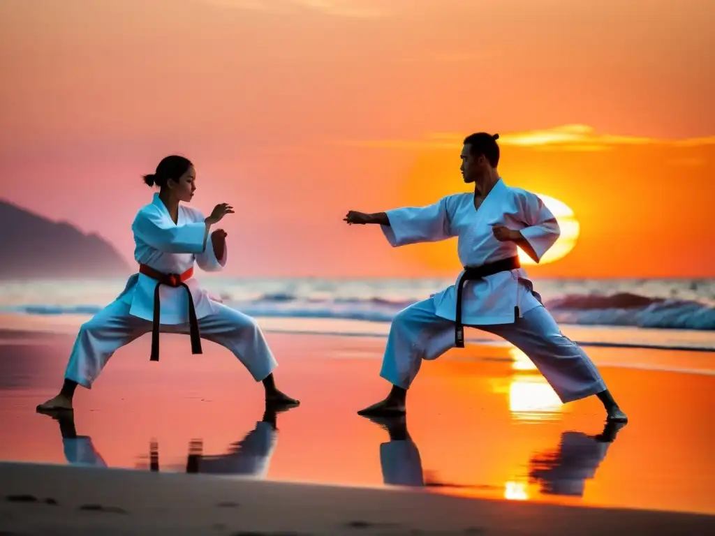 Practicantes de karate ejecutan katas en la playa al atardecer, reflejando la disciplina y gracia del arte marcial