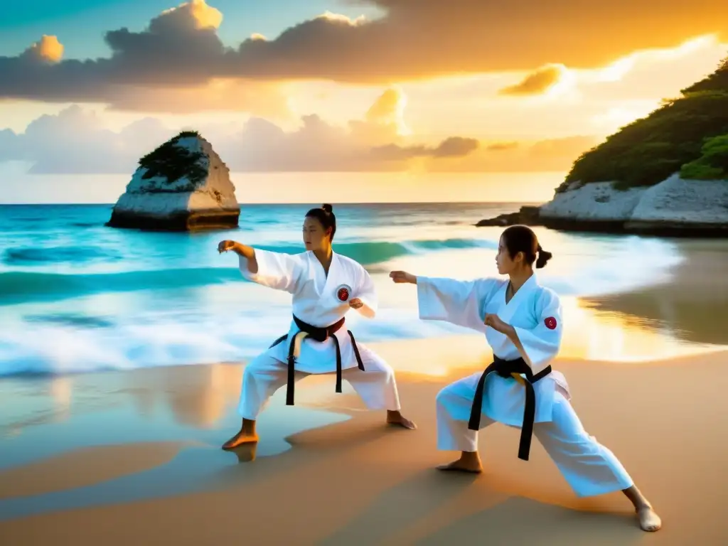 Practicantes de karate en Okinawa ejecutando katas en una playa al atardecer, reflejando la herencia centenaria del arte marcial