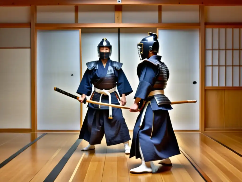 Practicantes de kendo en un dojo sereno, concentrados en una sesión de combate espiritual