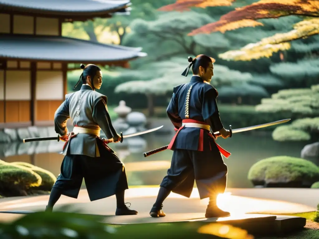 Practicantes de kenjutsu en un jardín japonés, capturando la belleza de los retiros de Iaido y Kenjutsu Japón