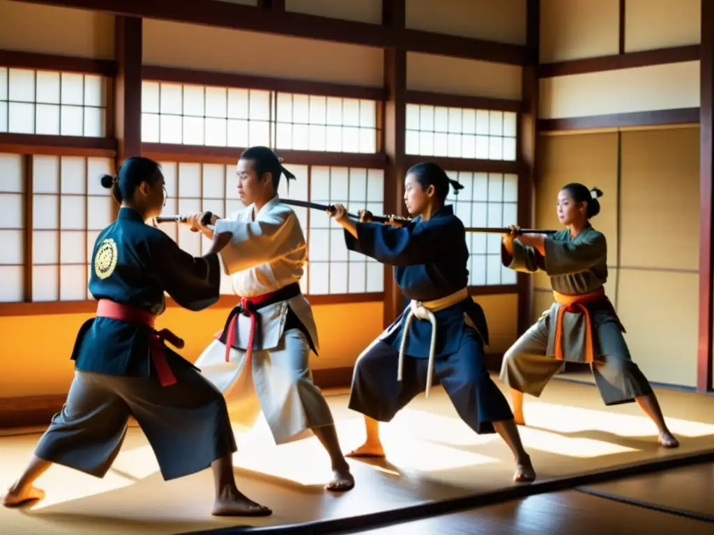 Practicantes de Kobudo Okinawense realizando una demostración tradicional en un dojo histórico, con detalles intrincados y expresiones enfocadas