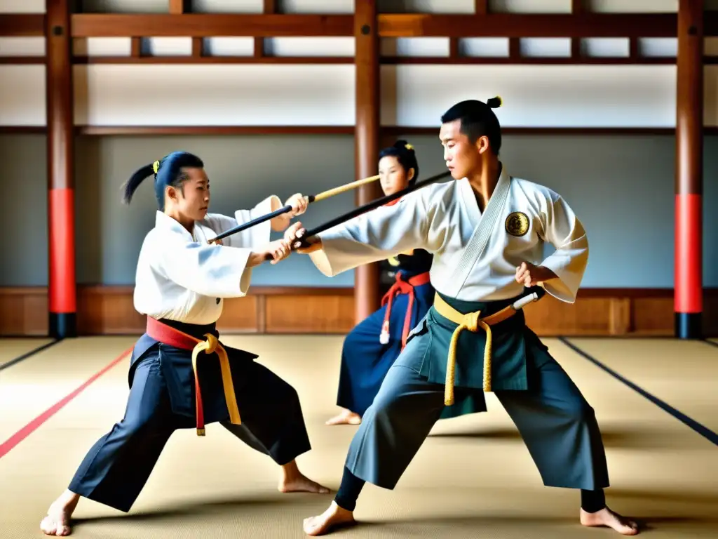 Practicantes de Kobudo Okinawense demostrando técnicas con armas tradicionales en un dojo sereno