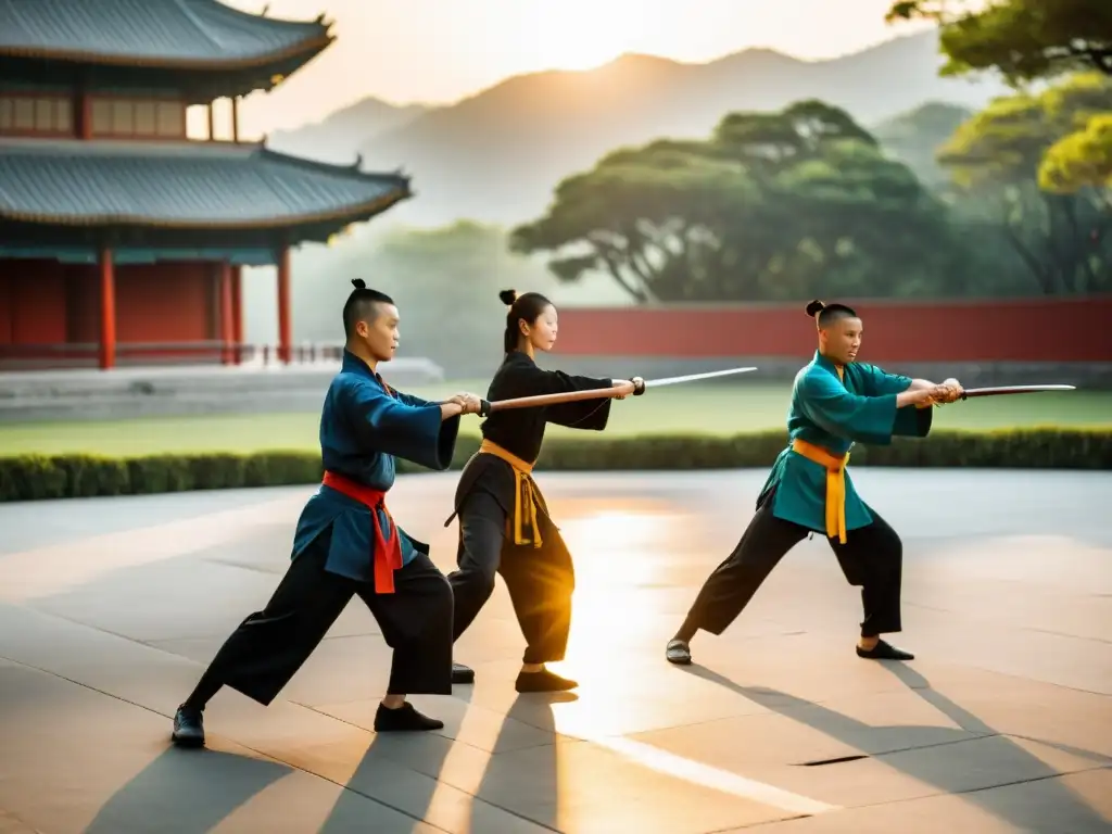 Practicantes de Kung Fu entrenan con lanza en un escenario al aire libre, mostrando destreza y disciplina en sus movimientos