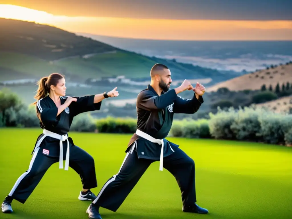 Practicantes de Krav Magá entrenando al atardecer en Israel, mostrando fuerza y determinación en un entorno natural