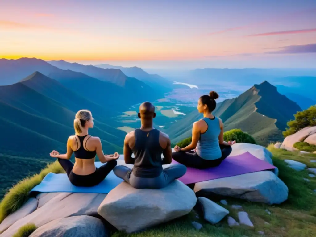 Practicantes de yoga marcial para flexibilidad en la cima al amanecer, demostrando poder y gracia en sus movimientos fluidos contra un cielo colorido