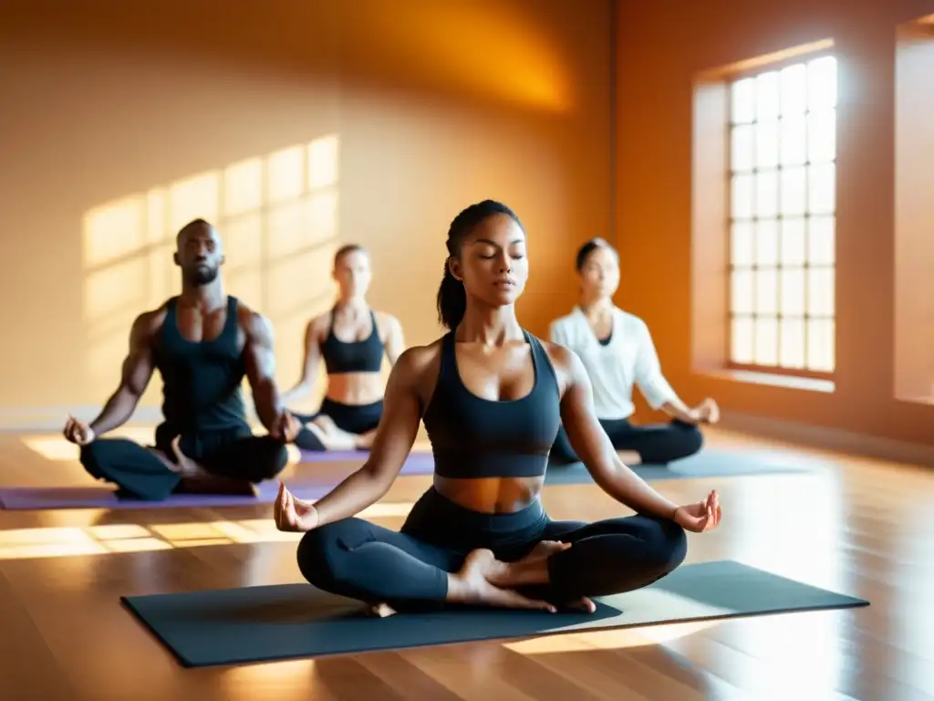 Practicantes de yoga marcial realizan poses precisas y serenas en un estudio iluminado por el sol, fusionando fuerza, flexibilidad y disciplina mental