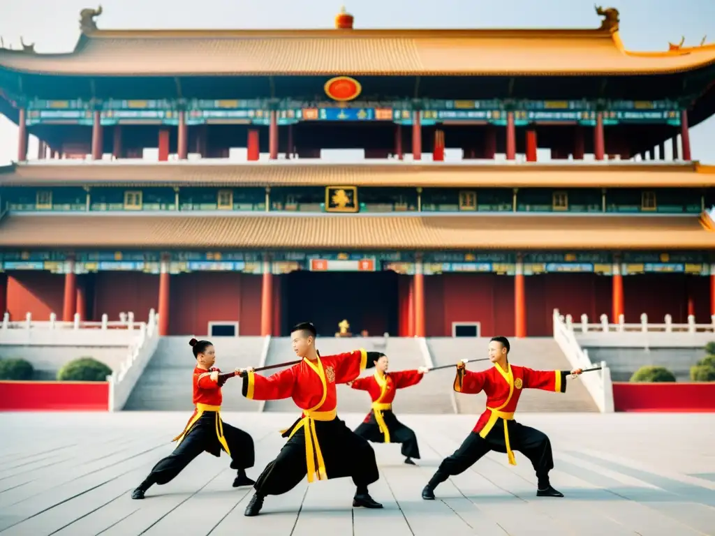 Practicantes de Wushu moderno realizan movimientos sincronizados con armas en un estadio al aire libre, fusionando tradición y modernidad