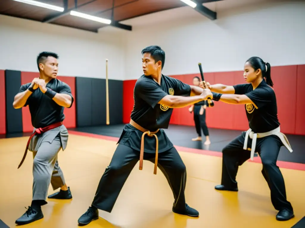 Practicantes modernos de Arnis, Eskrima y Kali en un elegante centro de entrenamiento, capturando la esencia del Sistema de combate filipino moderno