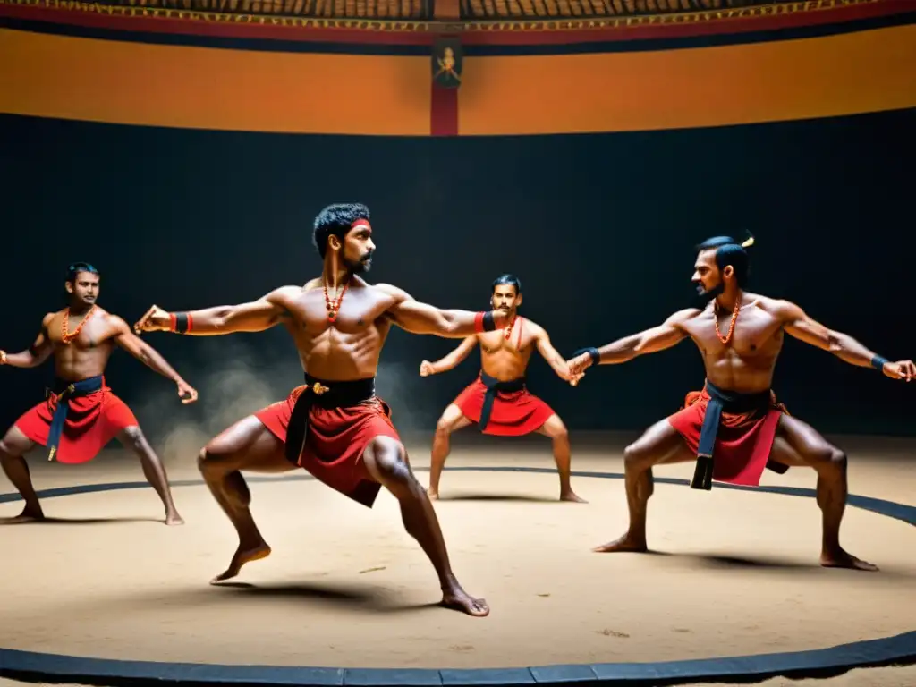 Practicantes de Kalaripayattu en movimiento, demostrando el impacto cultural y la destreza física de este arte marcial antiguo de la India