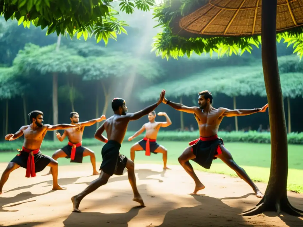 Practicantes de Kalaripayattu en Kerala ejecutan movimientos ágiles en un claro del bosque, rodeados de exuberante vegetación y luz cálida