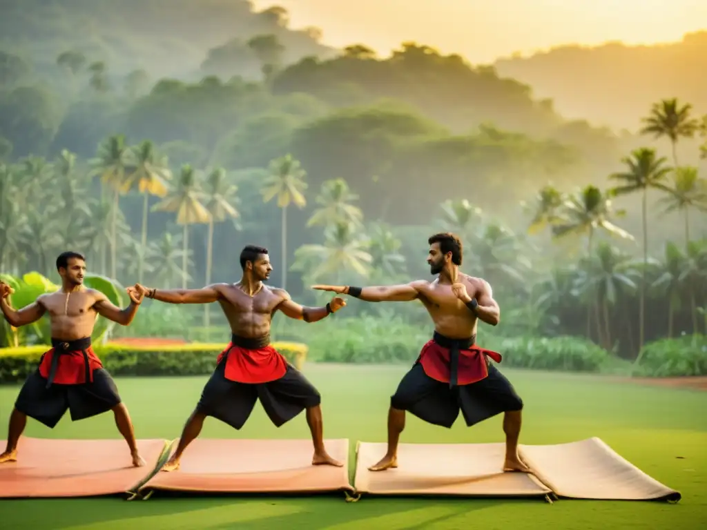 Practicantes de Kalaripayattu en Kerala realizan movimientos dinámicos en un entorno tradicional, mostrando disciplina y destreza