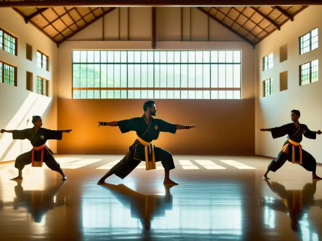 Practicantes de Kalari Payattu realizan movimientos dinámicos en un salón de entrenamiento, mostrando autenticidad y concentración