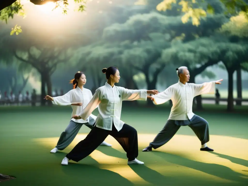 Practicantes de Tai Chi realizan movimientos gráciles al amanecer en un parque sereno