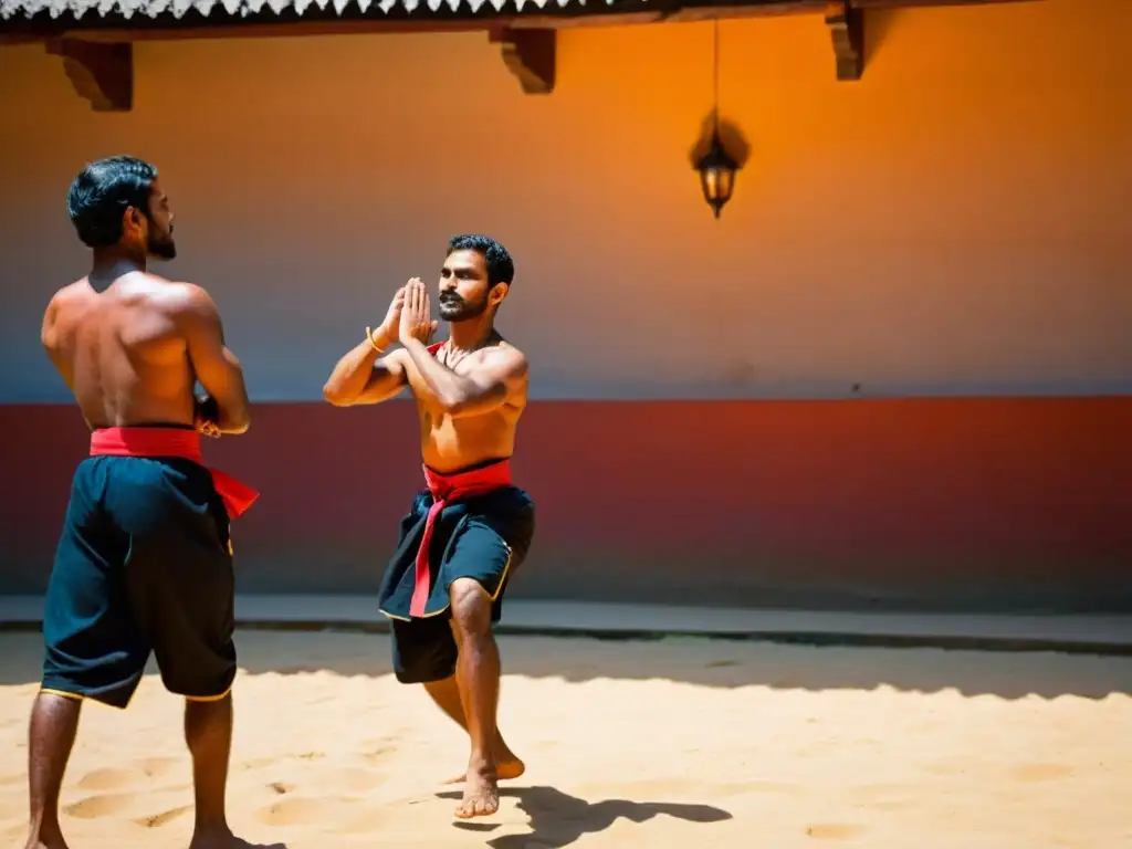 Practicantes de Kalaripayattu en Kerala realizan movimientos poderosos bajo el sol, con expresiones enfocadas y vestimenta colorida