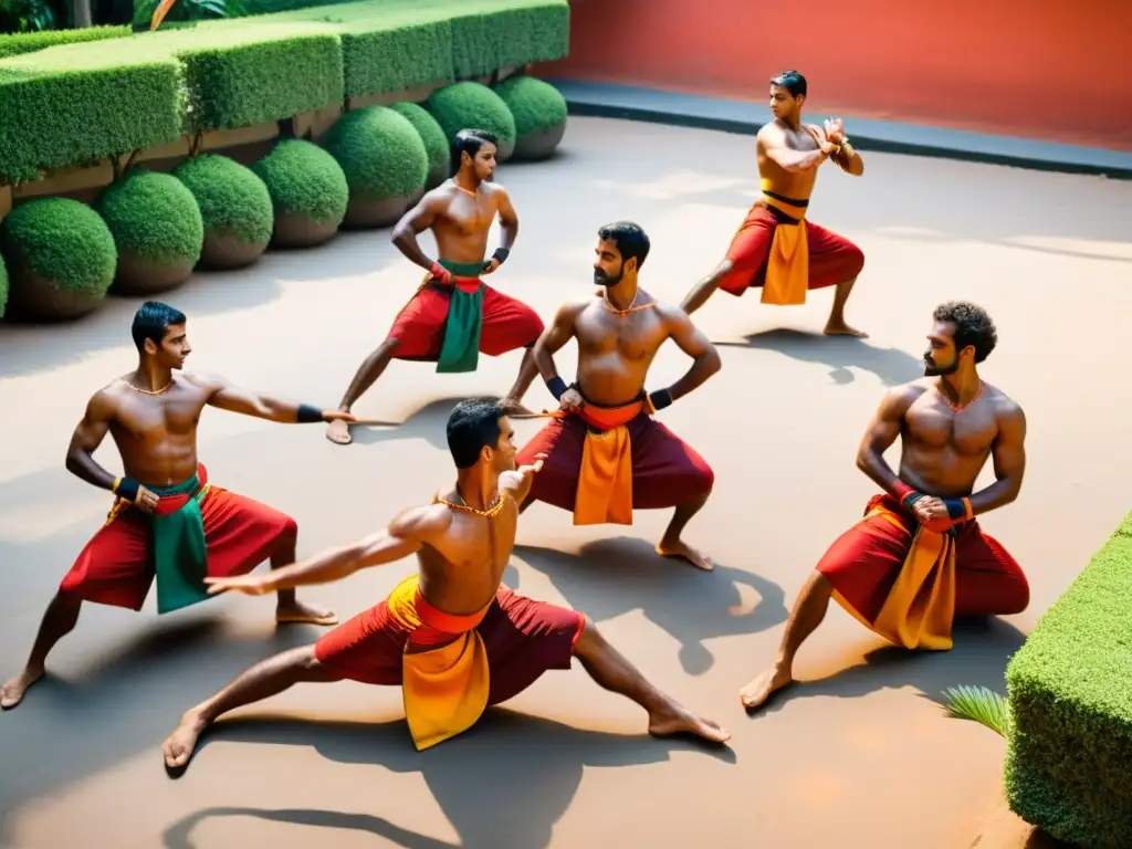 Practicantes de Kalaripayattu en Kerala realizan movimientos precisos y fluidos, vistiendo trajes vibrantes en un patio soleado y exuberante