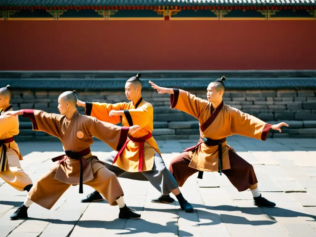 Practicantes de Shaolin Kung Fu ejecutan movimientos precisos en un patio soleado, mostrando la historia y técnicas del Shaolin Kung Fu con gracia y disciplina