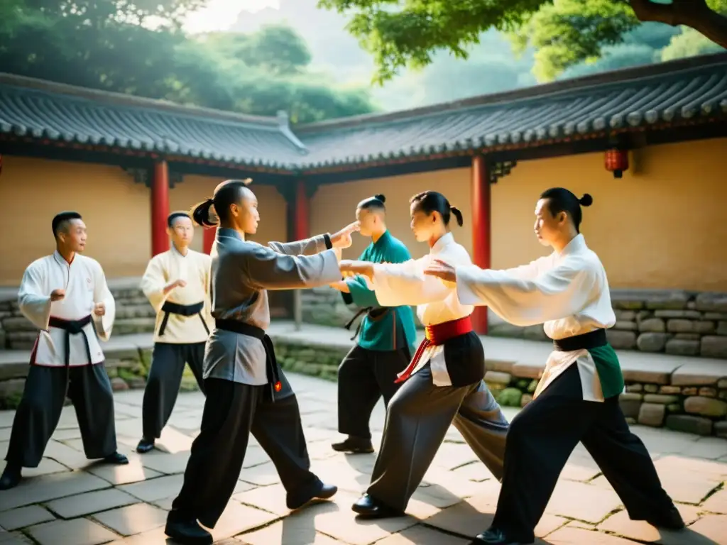 Practicantes de Wing Chun realizan movimientos precisos en un patio chino rodeado de historia y naturaleza