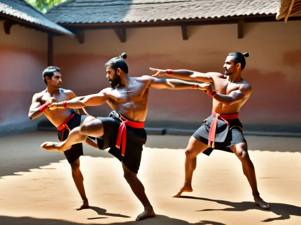 Practicantes de Kalaripayattu ejecutan movimientos precisos en un patio soleado, reflejando la intensidad y tradición de este arte marcial hindú