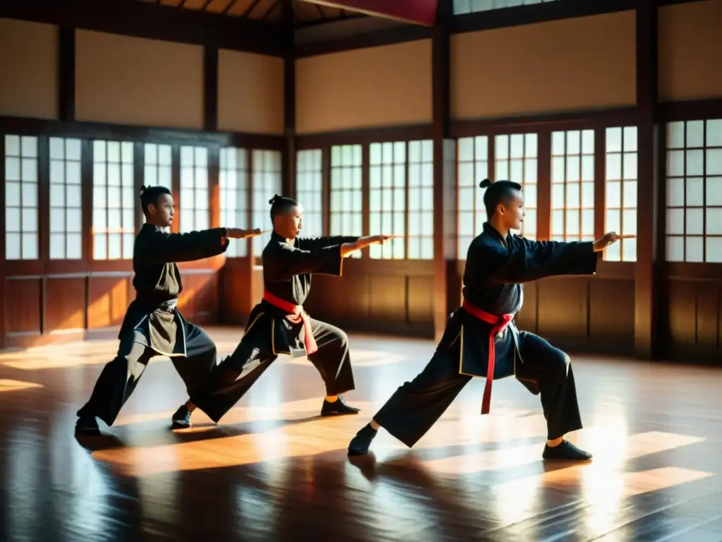 Practicantes de Wing Chun realizan movimientos precisos en un salón tradicional en China, creando una atmósfera de disciplina y relevancia cultural