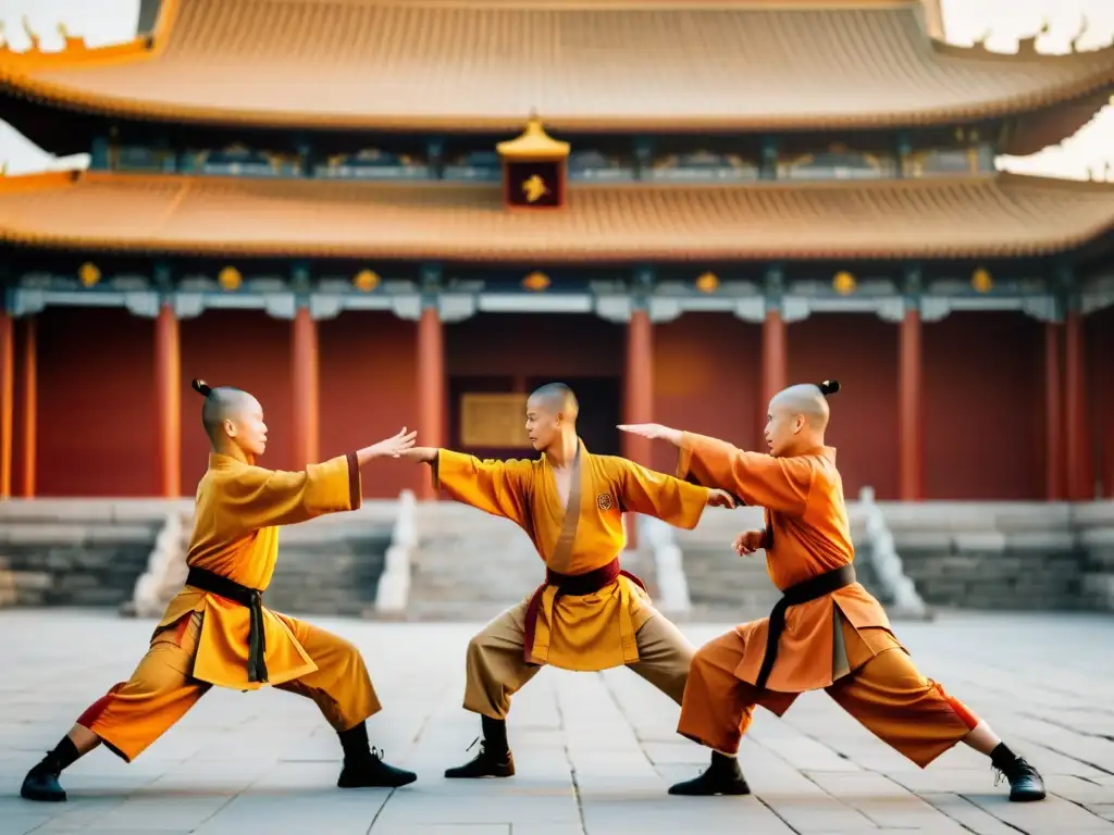 Practicantes de Shaolin Kung Fu realizan movimientos sincronizados frente al Templo Shaolin al atardecer, mostrando la historia y técnicas del Shaolin Kung Fu