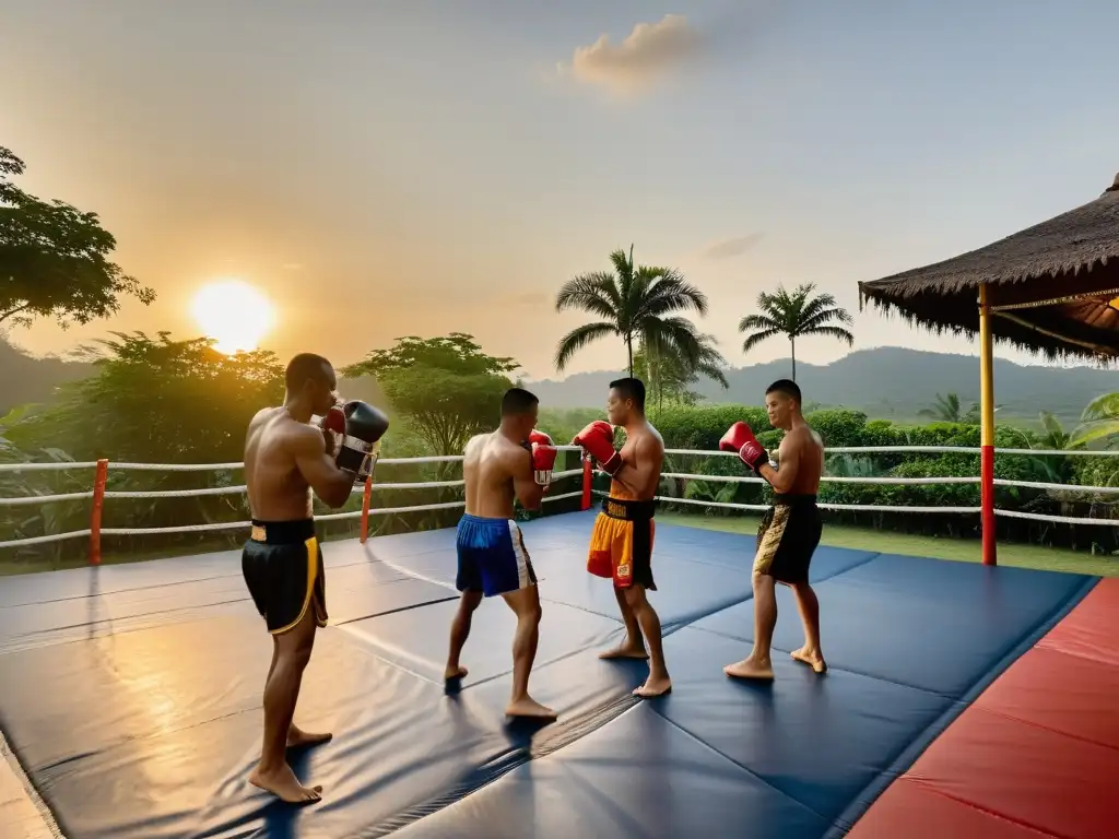 Practicantes de Muay Thai se entrenan al atardecer en un campamento al aire libre, con un ambiente de determinación y disciplina