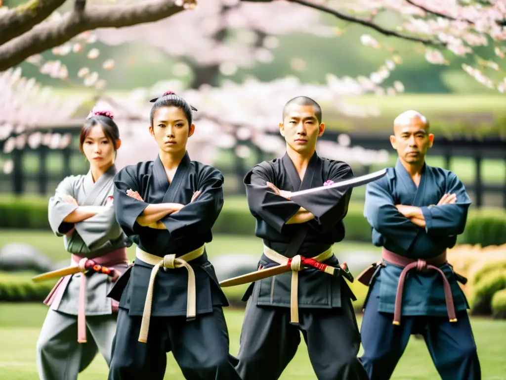 Practicantes de Bujinkan Ninjutsu en un jardín japonés, rodeados de cerezos en flor