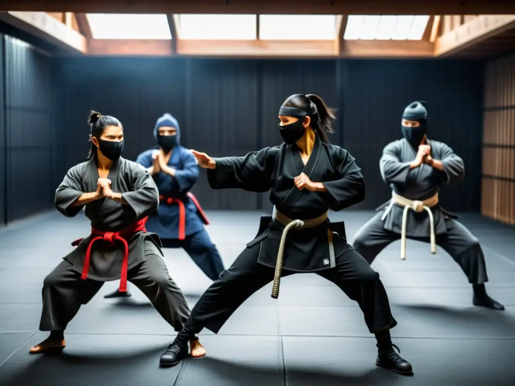 Practicantes de ninjutsu en trajes tradicionales ejecutan técnicas en un entorno urbano, fusionando tradición y modernidad