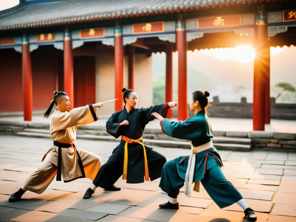 Practicantes de Kung Fu en un patio chino al atardecer, capturando la esencia de los Orígenes milenarios del Kung Fu