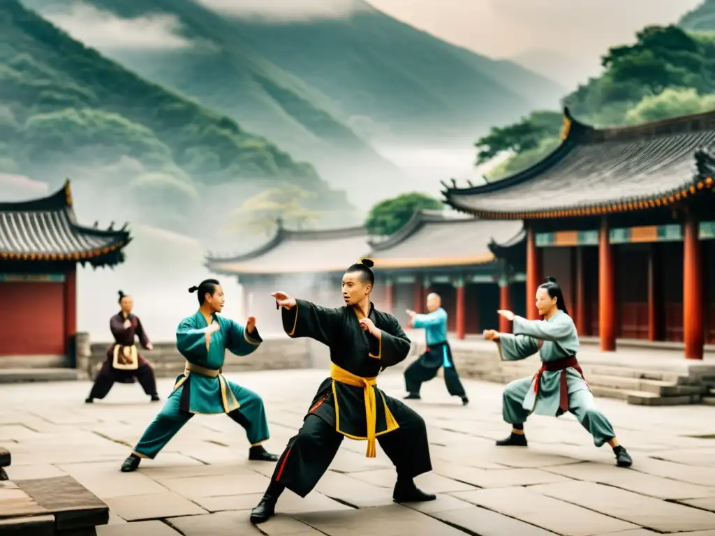 Practicantes de Kung Fu en un patio tradicional en China, con movimientos precisos y expresiones concentradas