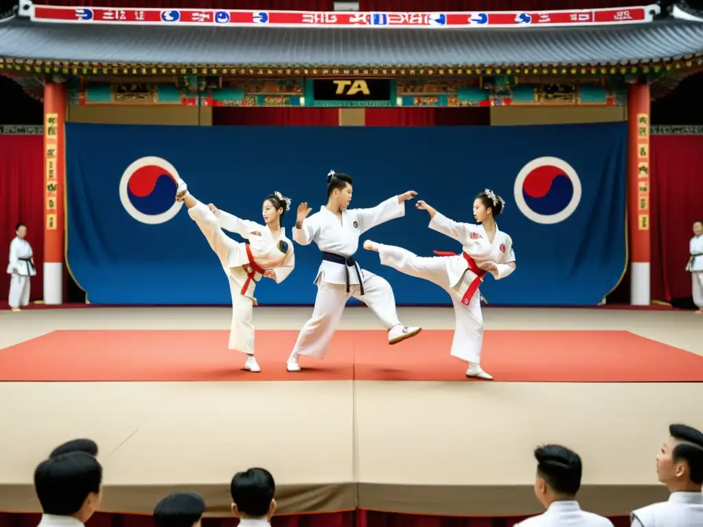 Practicantes de Tae Kwon Do realizan Pumsae frente a un público, exhibiciones de Pumsae Coreano