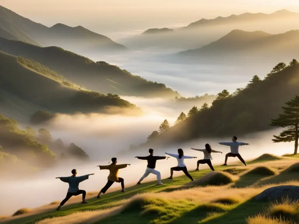 Practicantes de Qigong en la montaña al amanecer, conectando con la energía natural