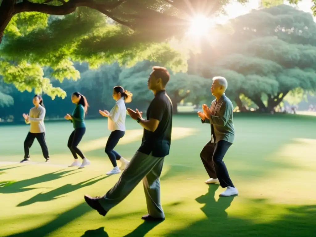 Practicantes de Qigong y Tai Chi en un parque, bajo la cálida luz del atardecer