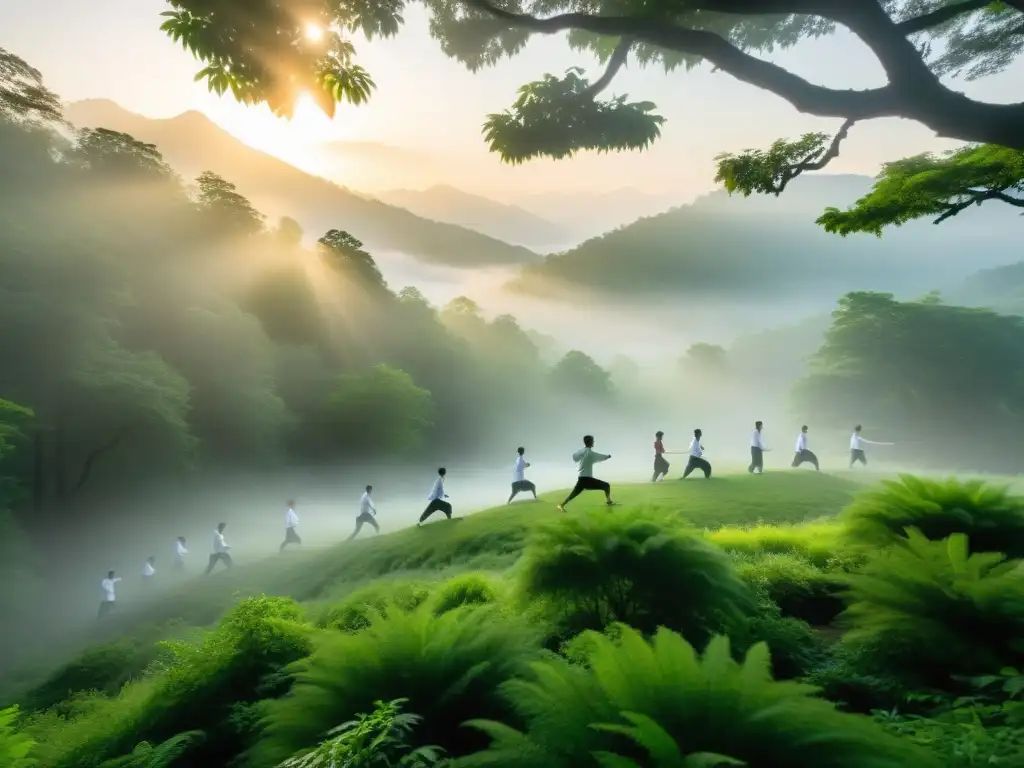 Practicantes de Tai Chi en retiro en un entorno natural pintoresco al amanecer, creando una atmósfera serena y espiritual