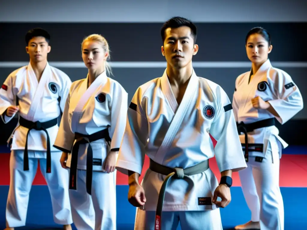 Practicantes de karate con ropa inteligente para entrenamientos, combinando tradición y tecnología de vanguardia en un dojo tradicional japonés