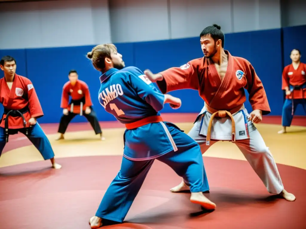 Practicantes de Sambo moderno entrenando con determinación en un gimnasio con motivos rusos