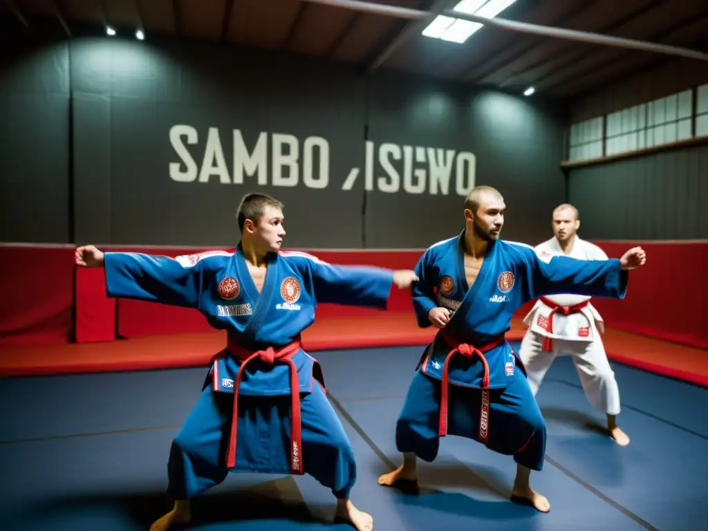 Practicantes de sambo ruso en entrenamiento intenso, en un gimnasio atmosférico