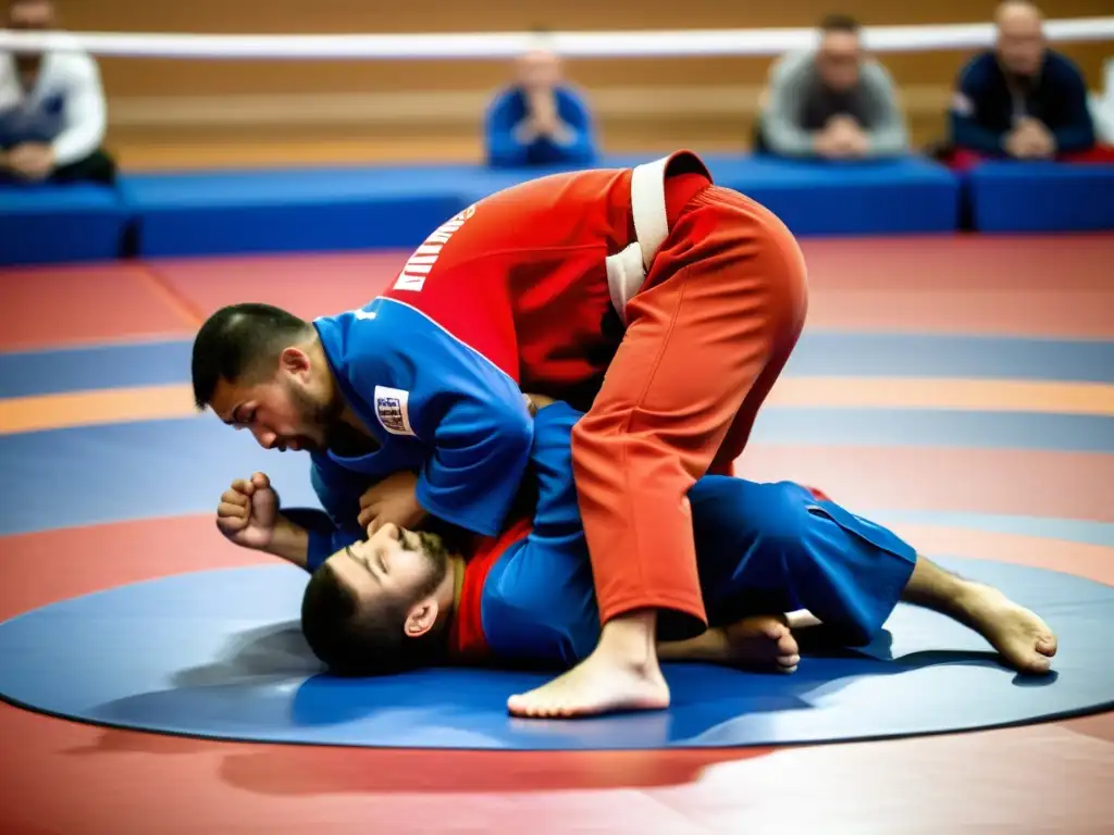 Dos practicantes de Sambo compiten en el tapiz, mostrando técnica y fuerza en las Reglas de Sambo lucha rusa