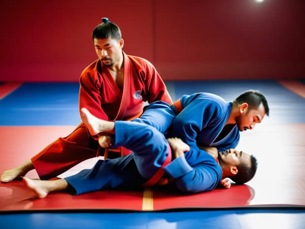 Practicantes de sambo ejecutan técnicas en un intenso entrenamiento en el tatami